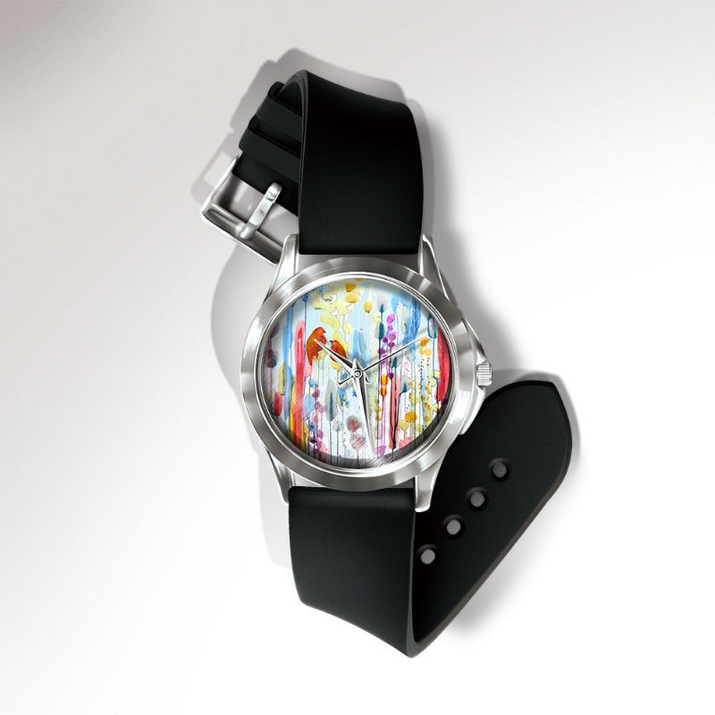 Miss Blanc Casual Aquarelle Fleur Oiseau Motif Cadran Pvc Bande Femmes Montre À Quartz Montre-bracelet