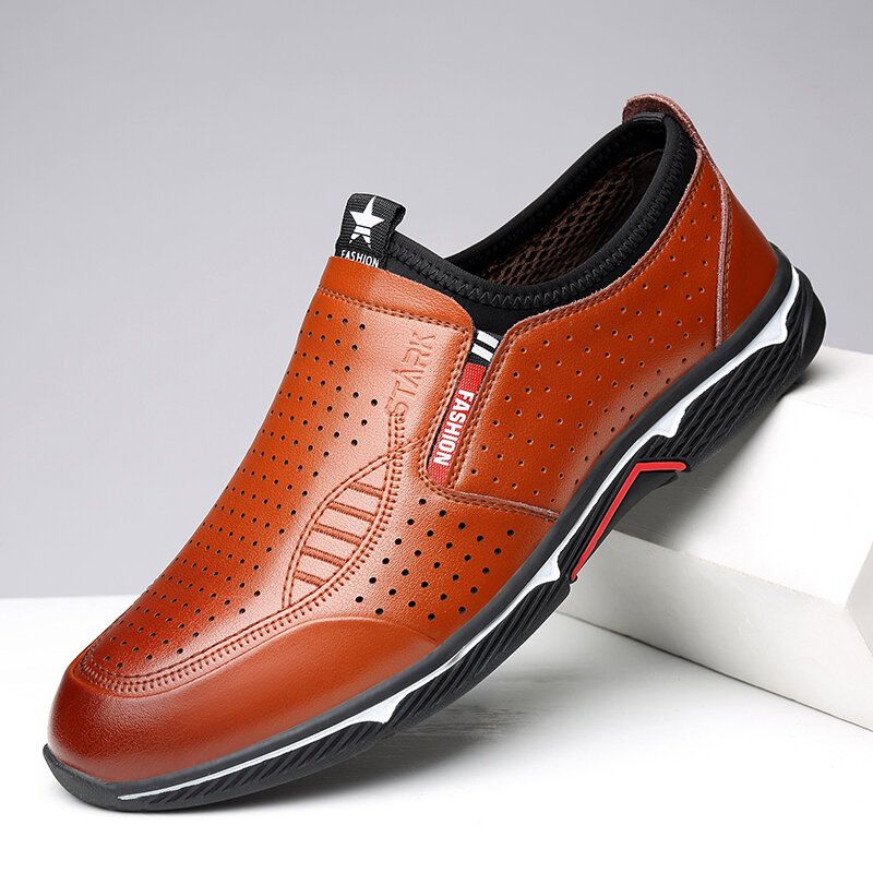 Mocassins D'affaires Décontractés Creux Respirants En Cuir Véritable Pour Hommes