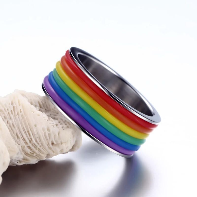 Mode Acier Inoxydable Bague Arc-en-ciel Silicone Anneau Pour Femmes Hommes Lgbt Bande Unisexe Bijoux