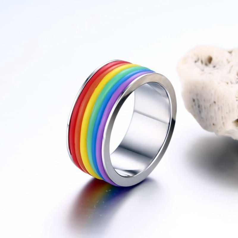 Mode Acier Inoxydable Bague Arc-en-ciel Silicone Anneau Pour Femmes Hommes Lgbt Bande Unisexe Bijoux