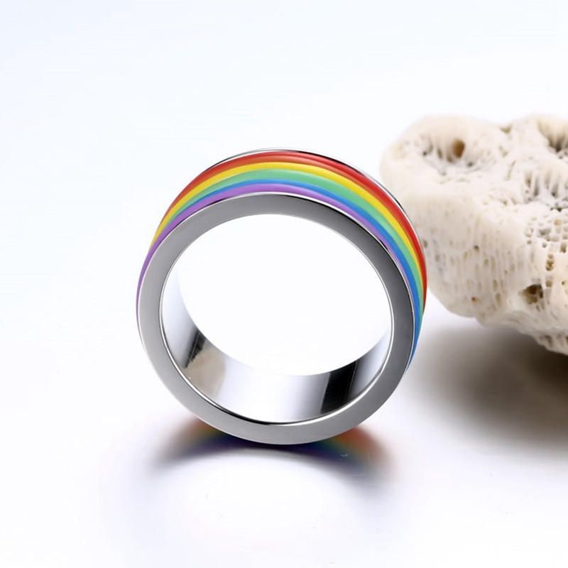 Mode Acier Inoxydable Bague Arc-en-ciel Silicone Anneau Pour Femmes Hommes Lgbt Bande Unisexe Bijoux