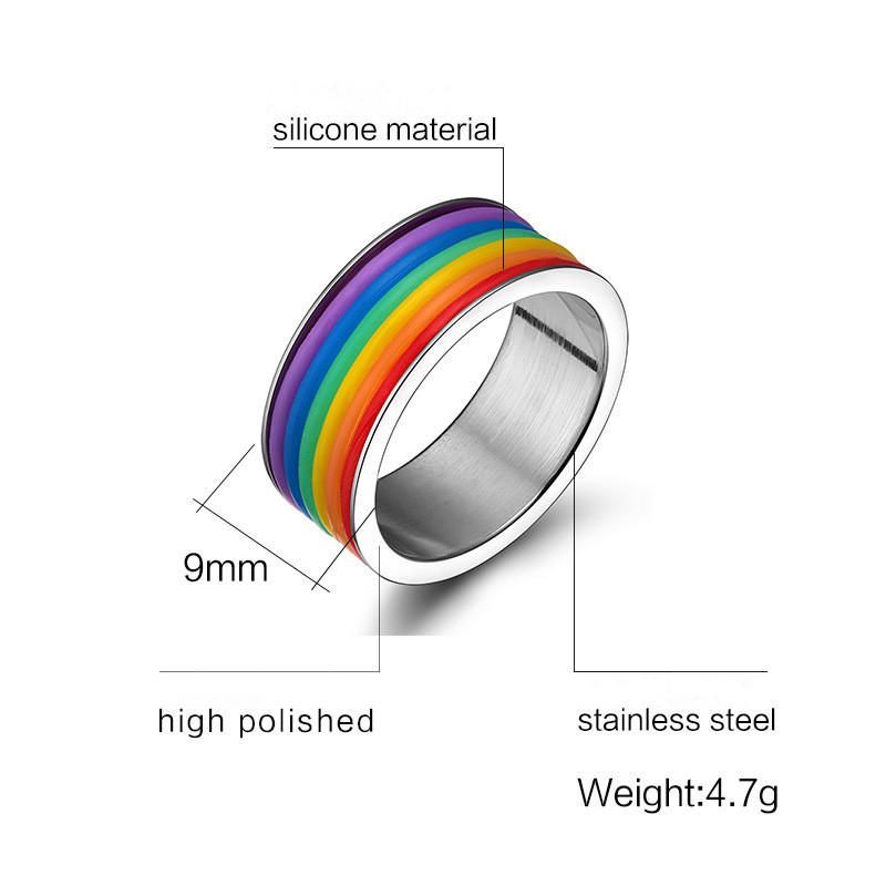 Mode Acier Inoxydable Bague Arc-en-ciel Silicone Anneau Pour Femmes Hommes Lgbt Bande Unisexe Bijoux