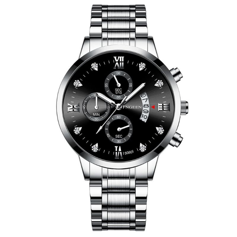 Mode Affaires Diamant Cadran Pointeur Lumineux Avec Calendrier Affichage De La Date Bracelet En Acier Étanche Hommes Montre À Quartz