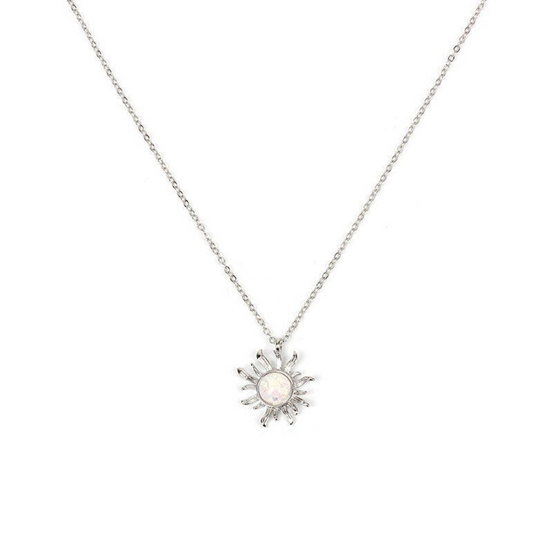 Mode Argent Or Soleil Fleur Pendentif Collier Opale Chaîne Déclaration Collier Pour Les Femmes