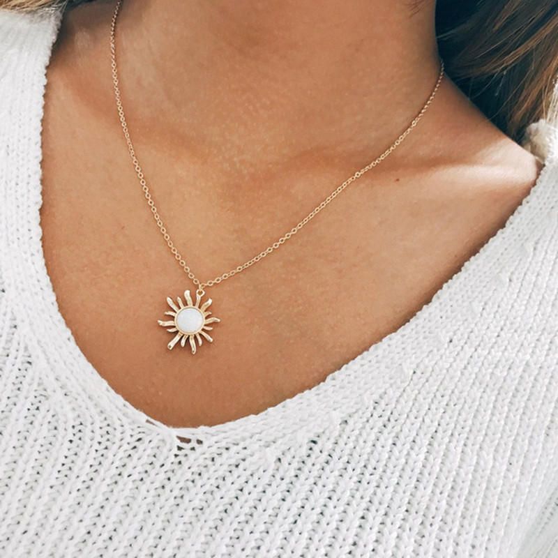 Mode Argent Or Soleil Fleur Pendentif Collier Opale Chaîne Déclaration Collier Pour Les Femmes