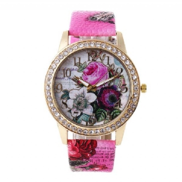 Mode Bohême Style Femmes Montre Bracelet En Cuir Rétro Rose Motif Quartz Montre