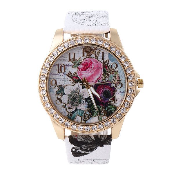 Mode Bohême Style Femmes Montre Bracelet En Cuir Rétro Rose Motif Quartz Montre