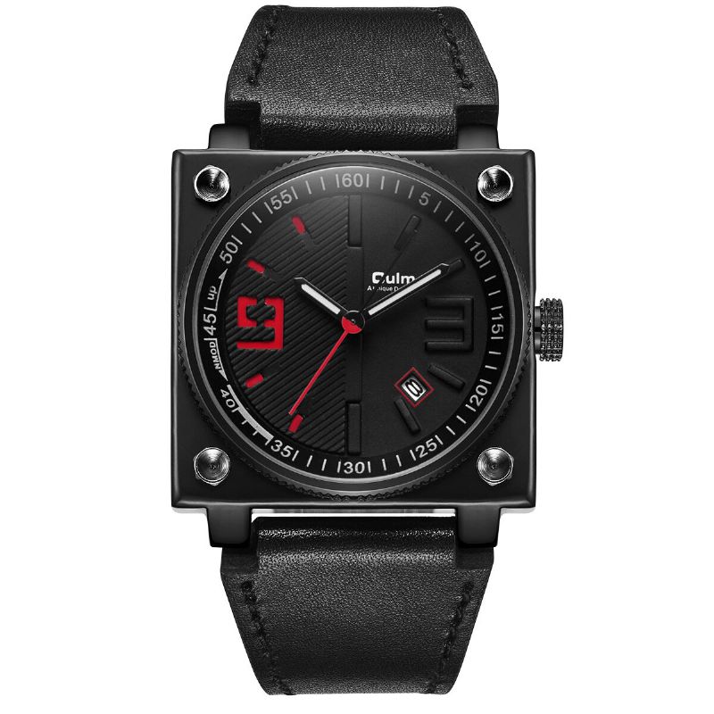 Mode Carré Pointeur Lumineux Bracelet En Cuir Véritable 3atm Étanche Hommes Montre À Quartz Montre-bracelet