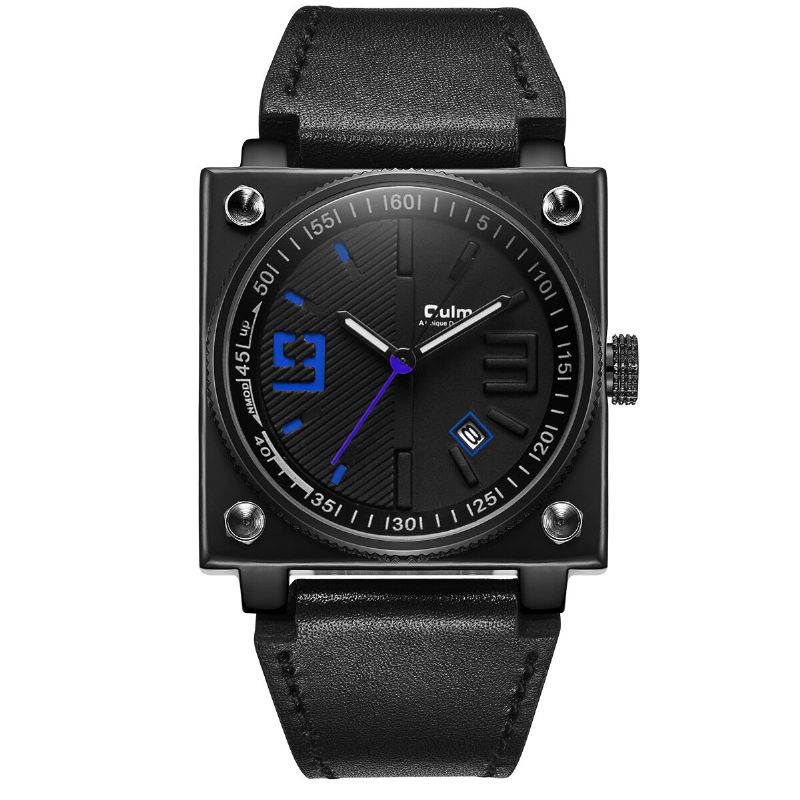 Mode Carré Pointeur Lumineux Bracelet En Cuir Véritable 3atm Étanche Hommes Montre À Quartz Montre-bracelet