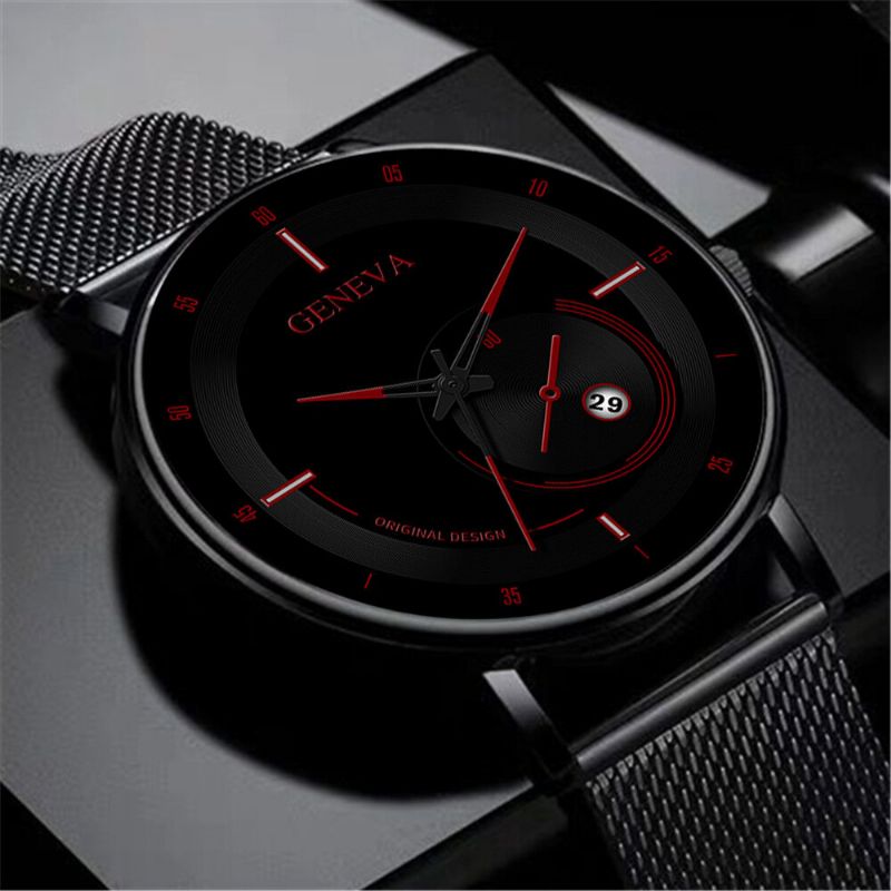 Mode Casual Alliage Acier Business Casual Mesh Ceinture Calendrier Homme Montre À Quartz