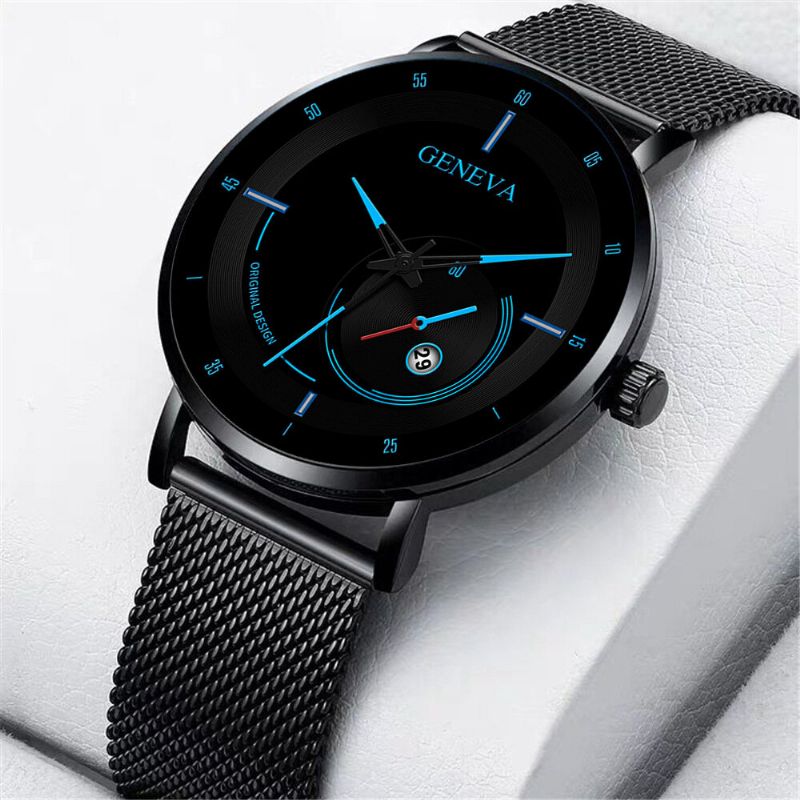 Mode Casual Alliage Acier Business Casual Mesh Ceinture Calendrier Homme Montre À Quartz