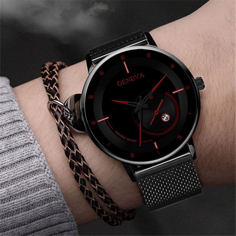 Mode Casual Alliage Acier Business Casual Mesh Ceinture Calendrier Homme Montre À Quartz