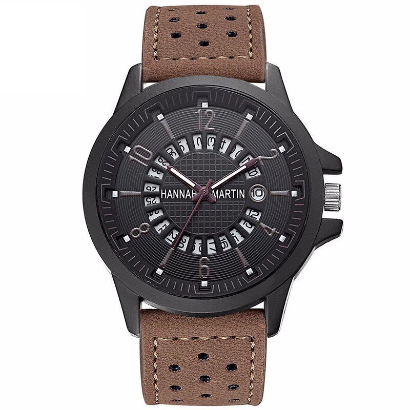 Mode Casual Créatif Affichage De La Date Bracelet En Cuir Étanche Hommes Montre À Quartz