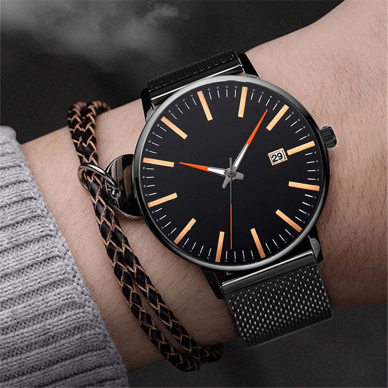 Mode Casual Hommes Montre D'affaires Décoré Alliage Bracelet Pointeur Calendrier Montre À Quartz