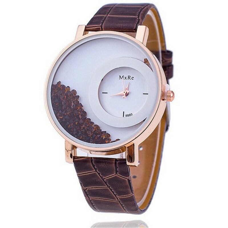 Mode Décontractée Femmes Montre Cadran En Cristal Bracelet En Cuir Femme Montre À Quartz