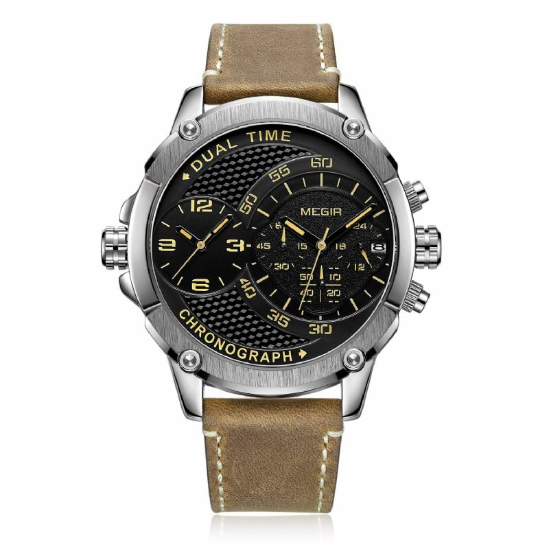 Mode Double Fuseau Horaire Calendrier Chronographe Lumineux Hommes Étanche Armée Sport Bracelet En Cuir Montre À Quartz