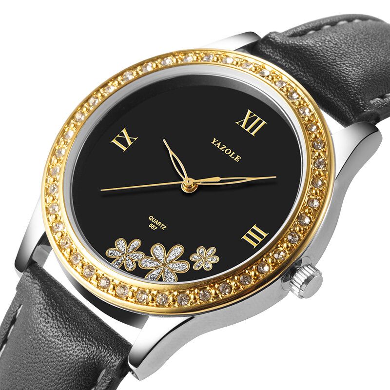 Mode Élégante Fleur Strass Décoration Cadran Bracelet En Cuir Véritable 3atm Étanche Femme Montre-bracelet Montre À Quartz