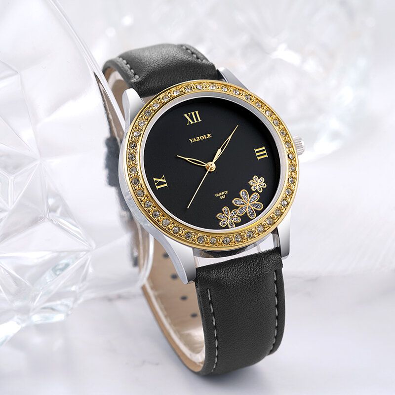 Mode Élégante Fleur Strass Décoration Cadran Bracelet En Cuir Véritable 3atm Étanche Femme Montre-bracelet Montre À Quartz