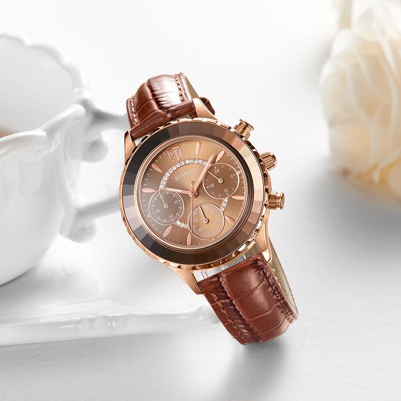 Mode Femme Montre Étanche Chronographe Bracelet En Cuir Léger Montre À Quartz De Luxe