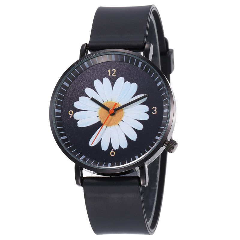 Mode Femmes Mignonnes Montres Grand Cadran À Trois Aiguilles Noir En Trois Dimensions Petite Marguerite Montre À Quartz