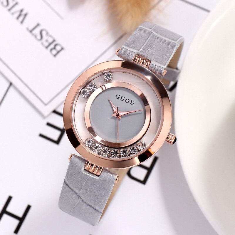 Mode Femmes Montre Lumière Luxe Plein Acier Paillettes Diamant Bracelet En Cuir Femme Montre À Quartz