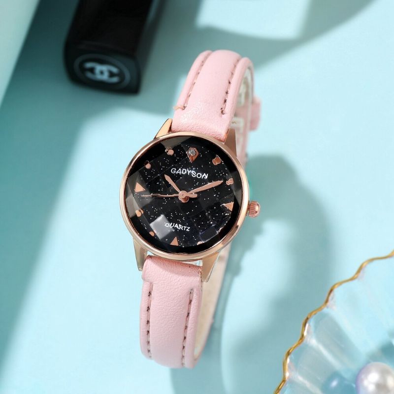 Mode Femmes Montre Lumière De Luxe En Trois Dimensions Cadran En Verre Bracelet En Cuir Montre À Quartz