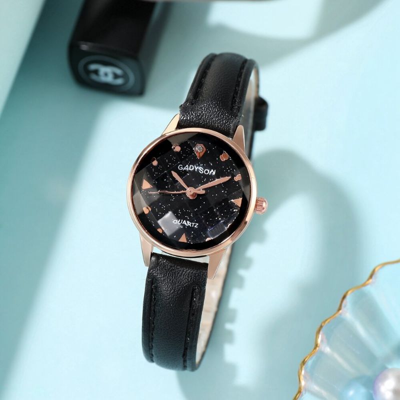 Mode Femmes Montre Lumière De Luxe En Trois Dimensions Cadran En Verre Bracelet En Cuir Montre À Quartz