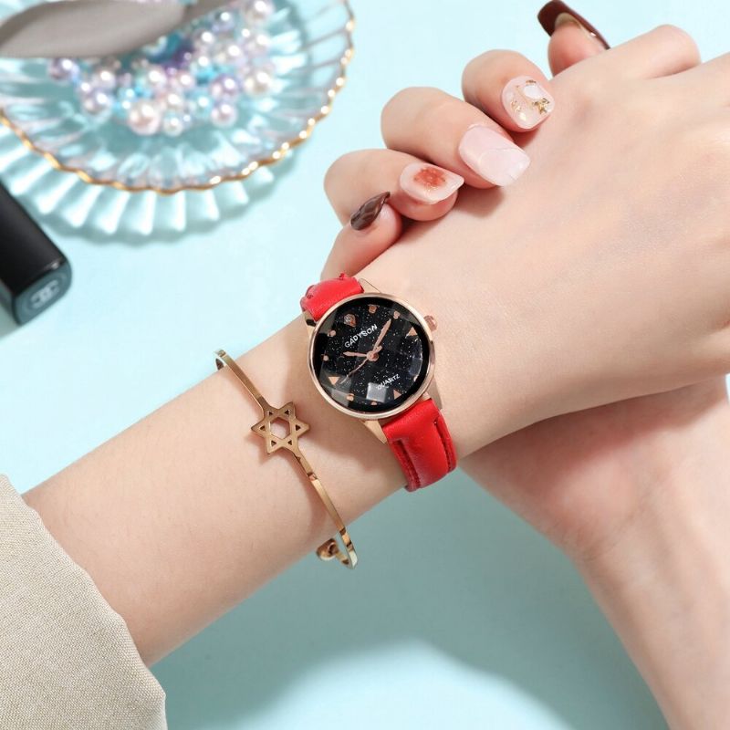 Mode Femmes Montre Lumière De Luxe En Trois Dimensions Cadran En Verre Bracelet En Cuir Montre À Quartz