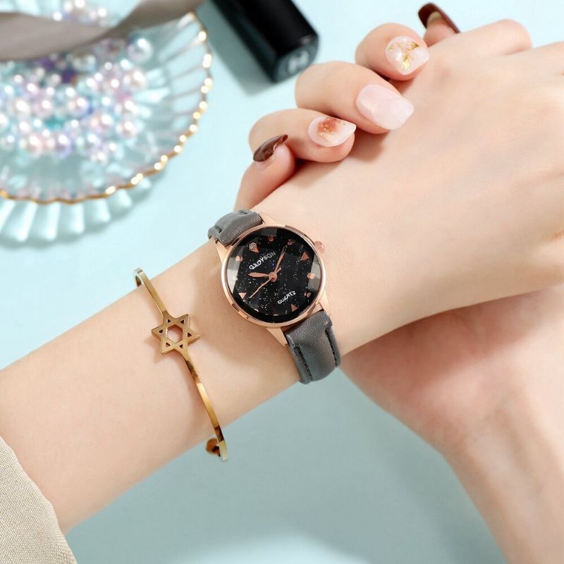 Mode Femmes Montre Lumière De Luxe En Trois Dimensions Cadran En Verre Bracelet En Cuir Montre À Quartz