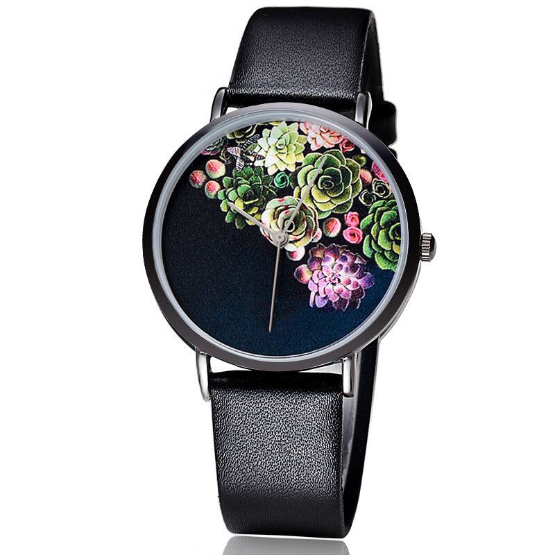 Mode Femmes Ultra-mince Montre Cas Fleur Motif Cadran Bracelet En Cuir Montre À Quartz