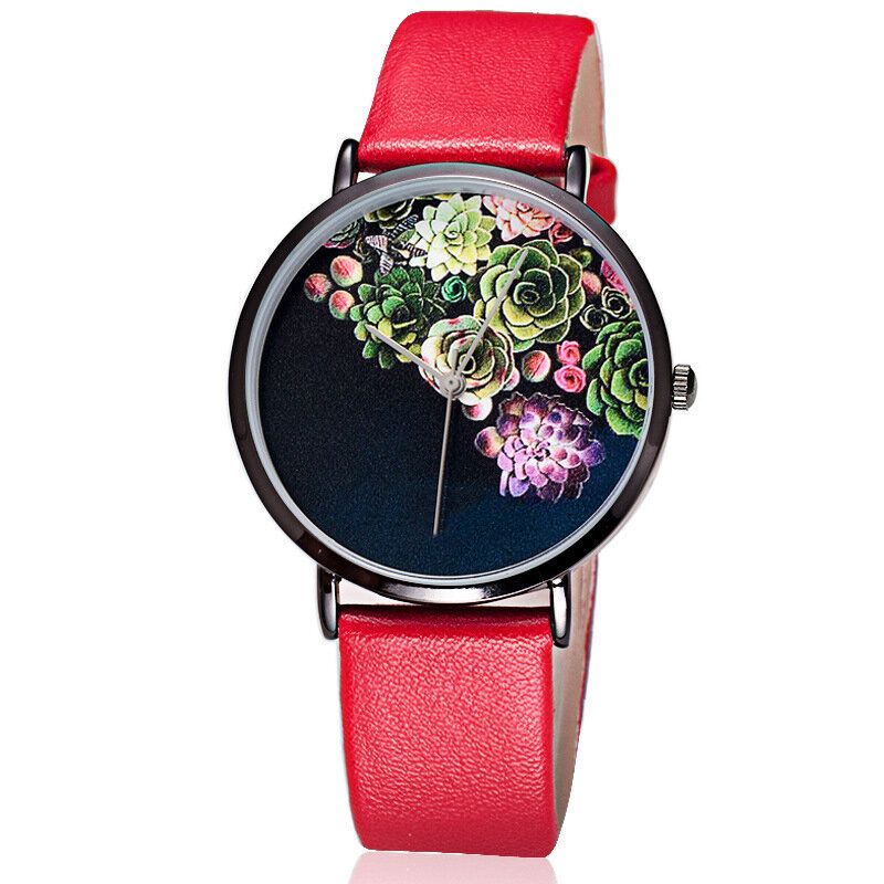 Mode Femmes Ultra-mince Montre Cas Fleur Motif Cadran Bracelet En Cuir Montre À Quartz