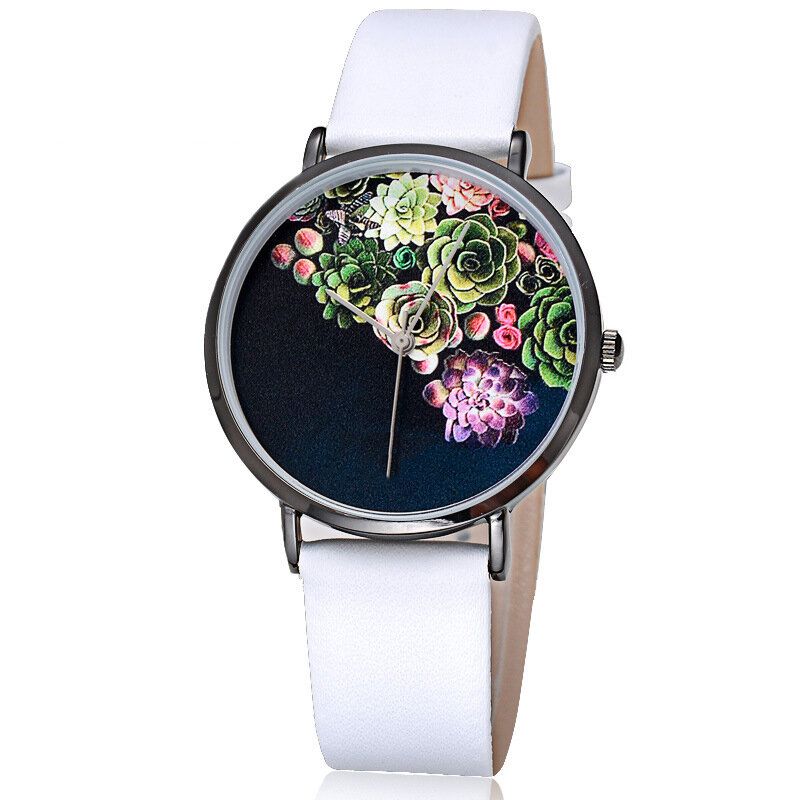 Mode Femmes Ultra-mince Montre Cas Fleur Motif Cadran Bracelet En Cuir Montre À Quartz