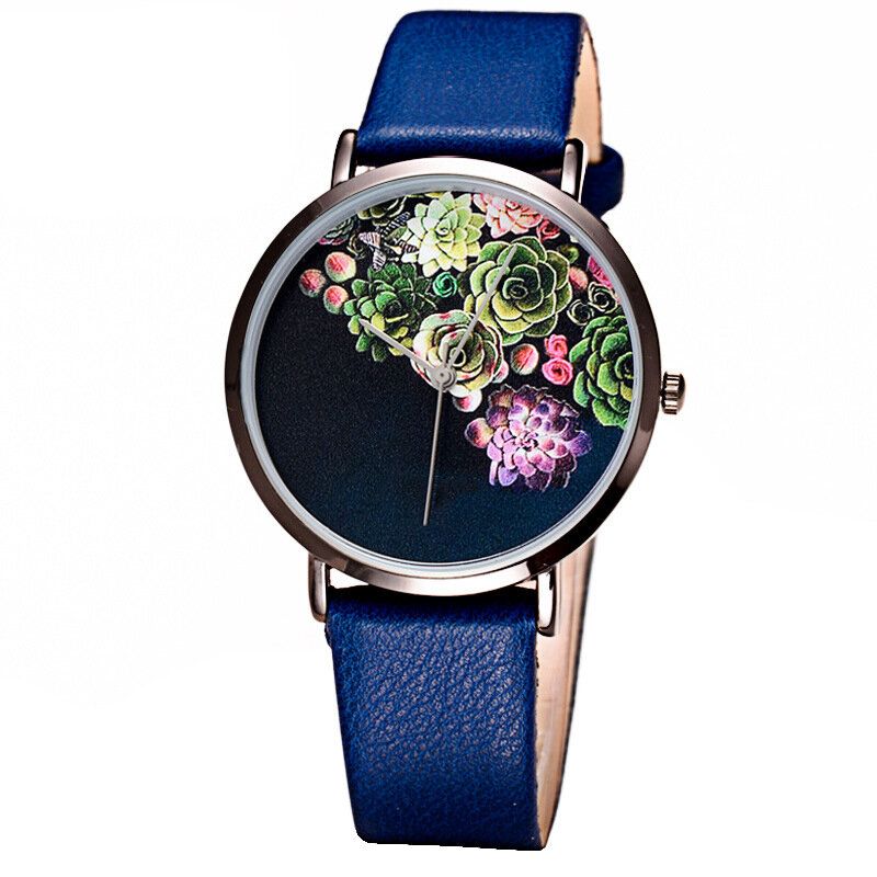 Mode Femmes Ultra-mince Montre Cas Fleur Motif Cadran Bracelet En Cuir Montre À Quartz