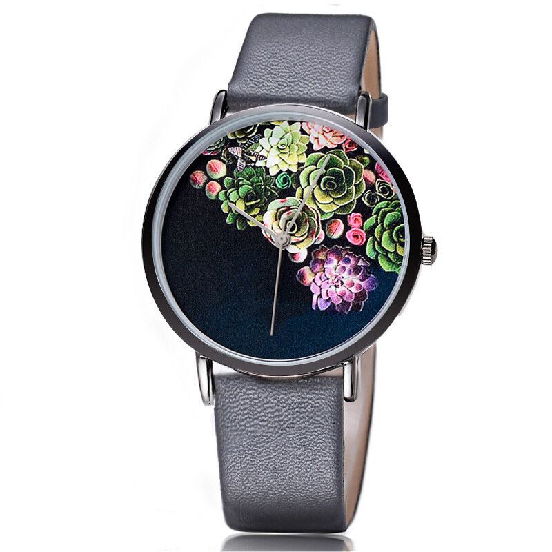 Mode Femmes Ultra-mince Montre Cas Fleur Motif Cadran Bracelet En Cuir Montre À Quartz