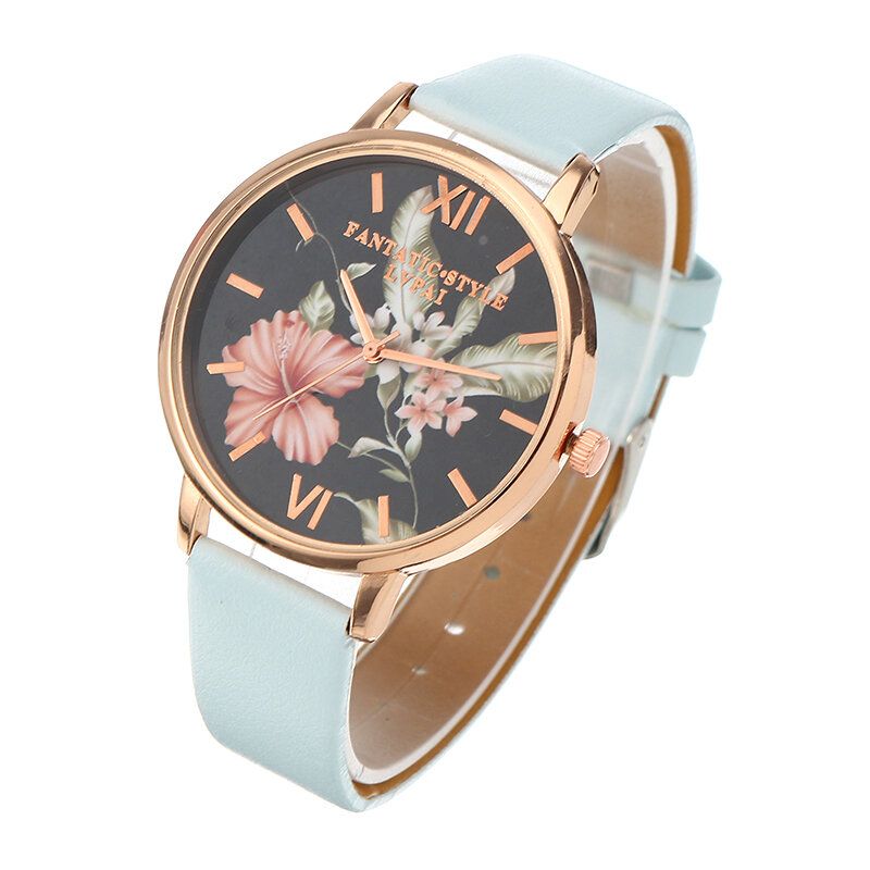 Mode Fleur Motif Bracelet En Cuir Pu Femmes Montre-bracelet Dames Robe Montre À Quartz