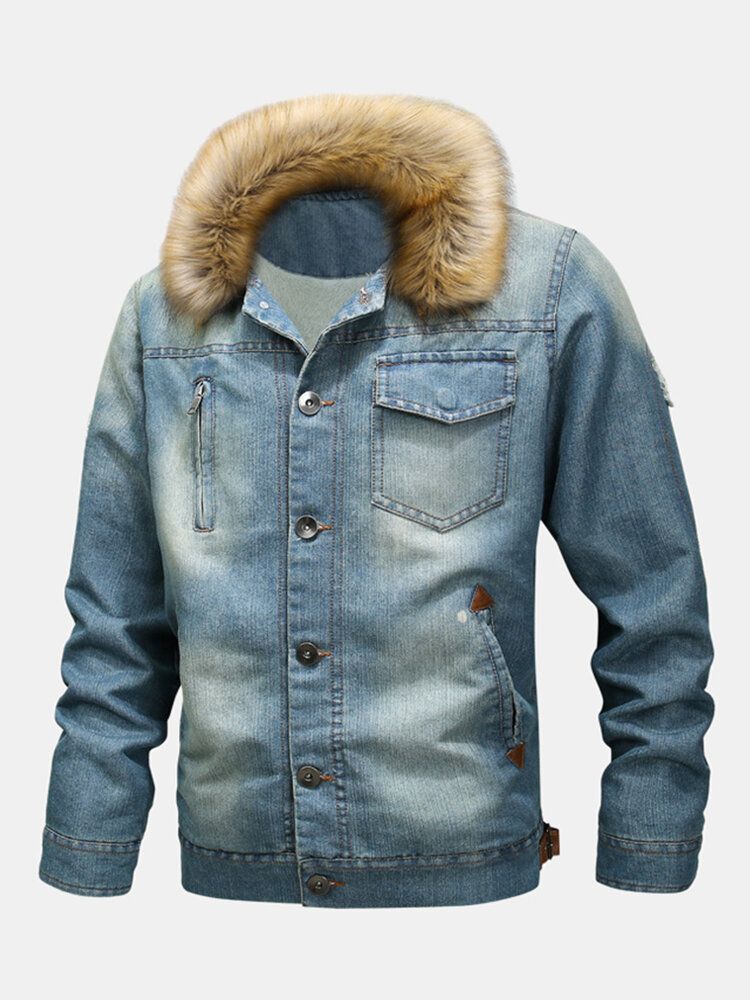 Mode Homme 100% Coton Poches Denim Polaire Épaissie Col Montant Veste Décontractée