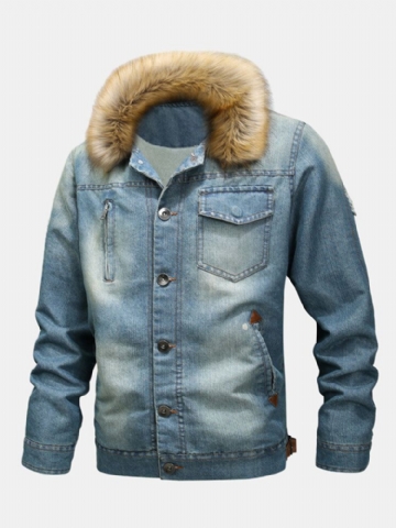 Mode Homme 100% Coton Poches Denim Polaire Épaissie Col Montant Veste Décontractée