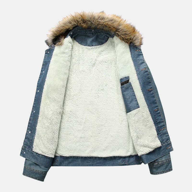 Mode Homme 100% Coton Poches Denim Polaire Épaissie Col Montant Veste Décontractée