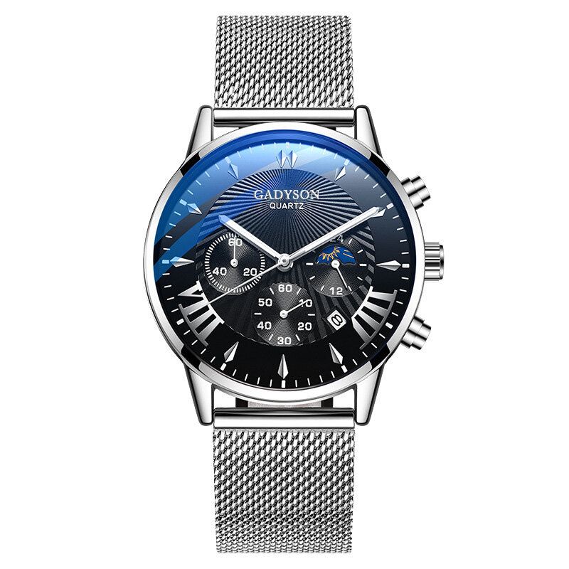 Mode Hommes Montre Luminous Date Display Metal Mesh Belt Business Quartz Watch