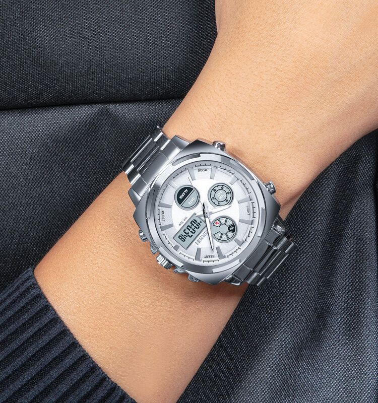 Mode Led Lumière Montre Numérique Bracelet En Acier Inoxydable 3atm Étanche Hommes Double Affichage Montre