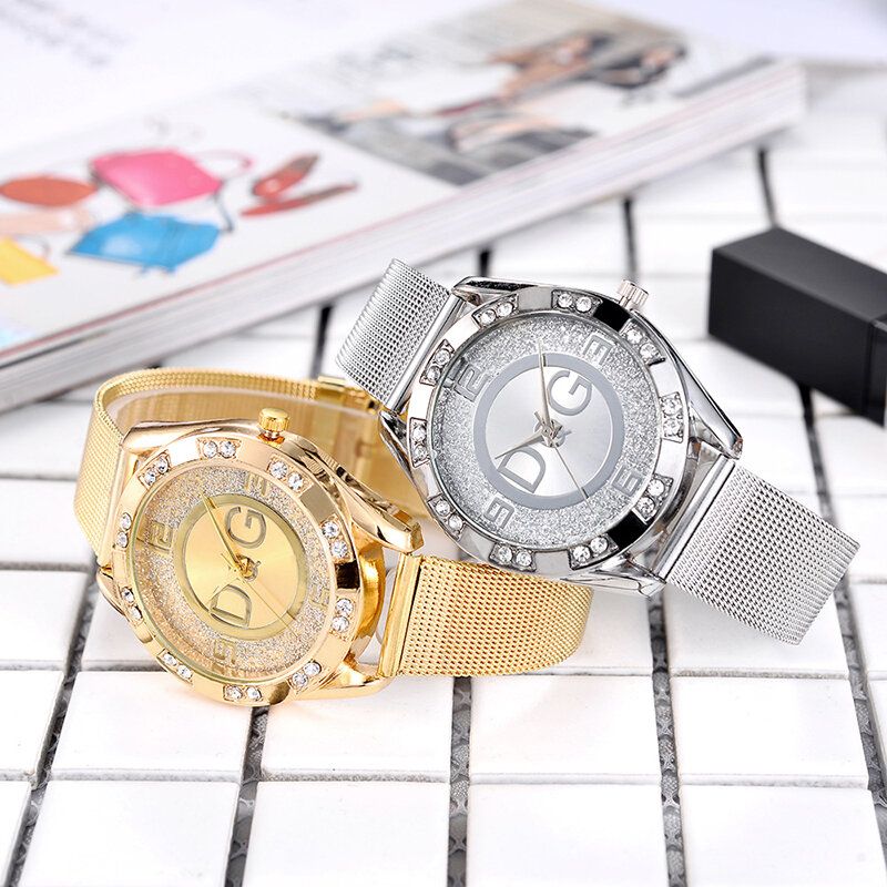 Mode Luxe Femmes Montres Cristal Mont Grand Cadran À Trois Mains Maille Bande Montres À Quartz