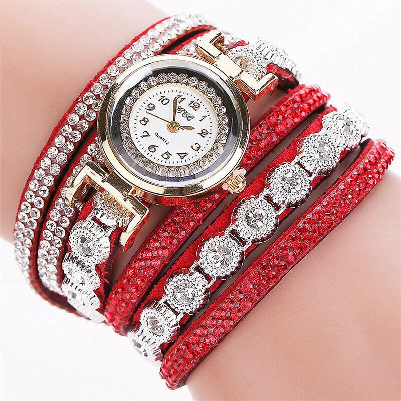 Mode Luxe Strass Pu Cuir Bande Femmes Quartz Bracelet Montre