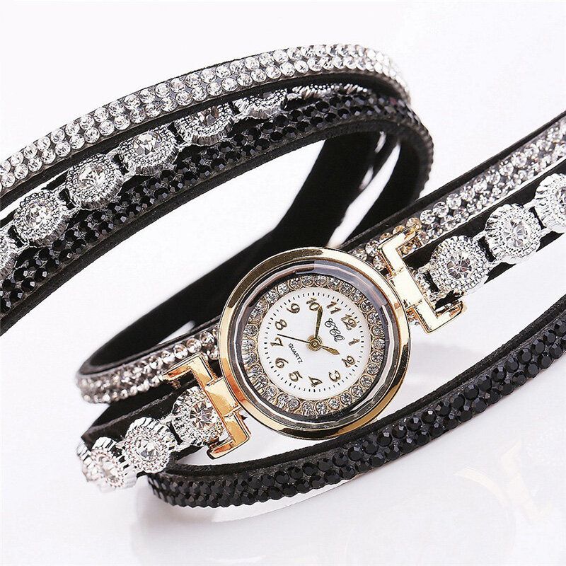 Mode Luxe Strass Pu Cuir Bande Femmes Quartz Bracelet Montre