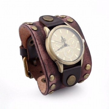 Mode Punk Vintage En Cuir Véritable Hommes Montre À Quartz Bracelet Montre