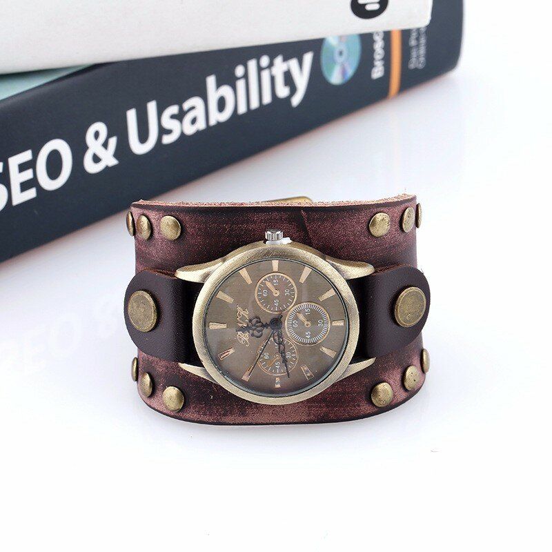 Mode Punk Vintage En Cuir Véritable Hommes Montre À Quartz Bracelet Montre