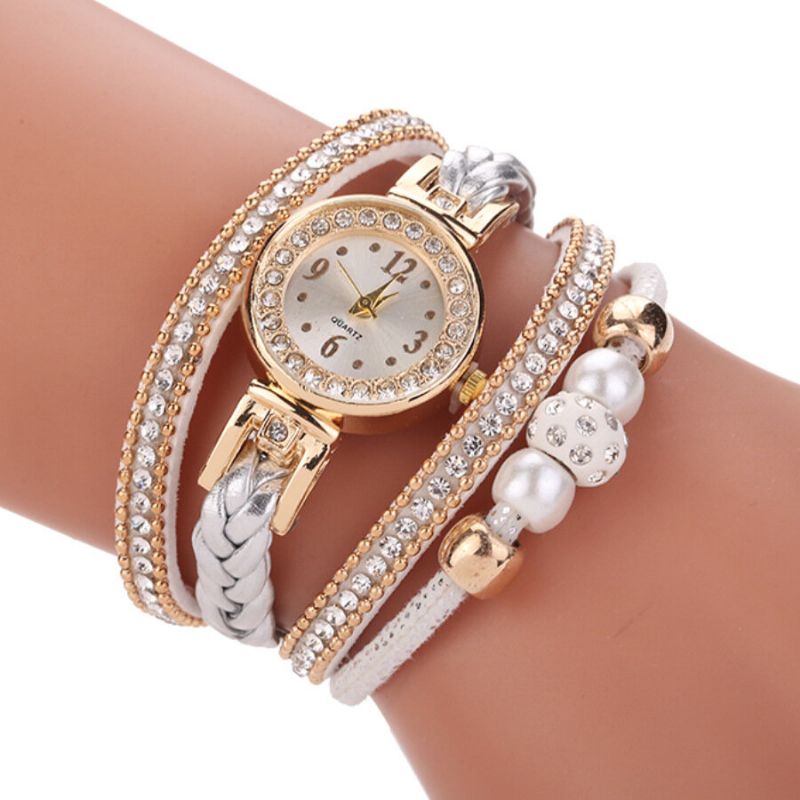 Mode Style Femmes Perle Tressé Alliage Femmes Montre-bracelet Laides Robe Quartz Montre Bracelet