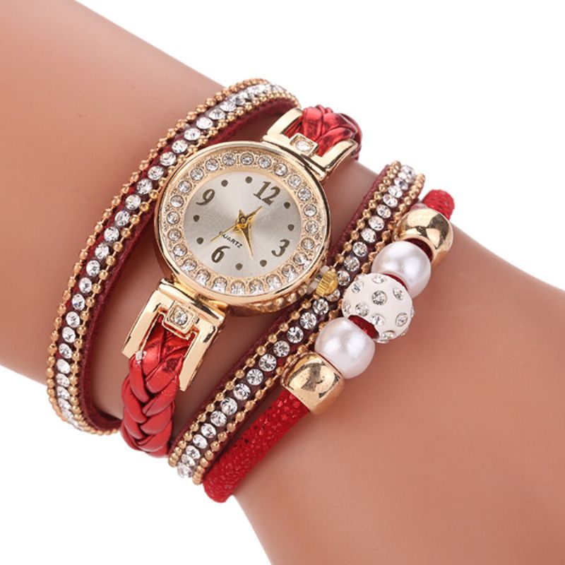 Mode Style Femmes Perle Tressé Alliage Femmes Montre-bracelet Laides Robe Quartz Montre Bracelet