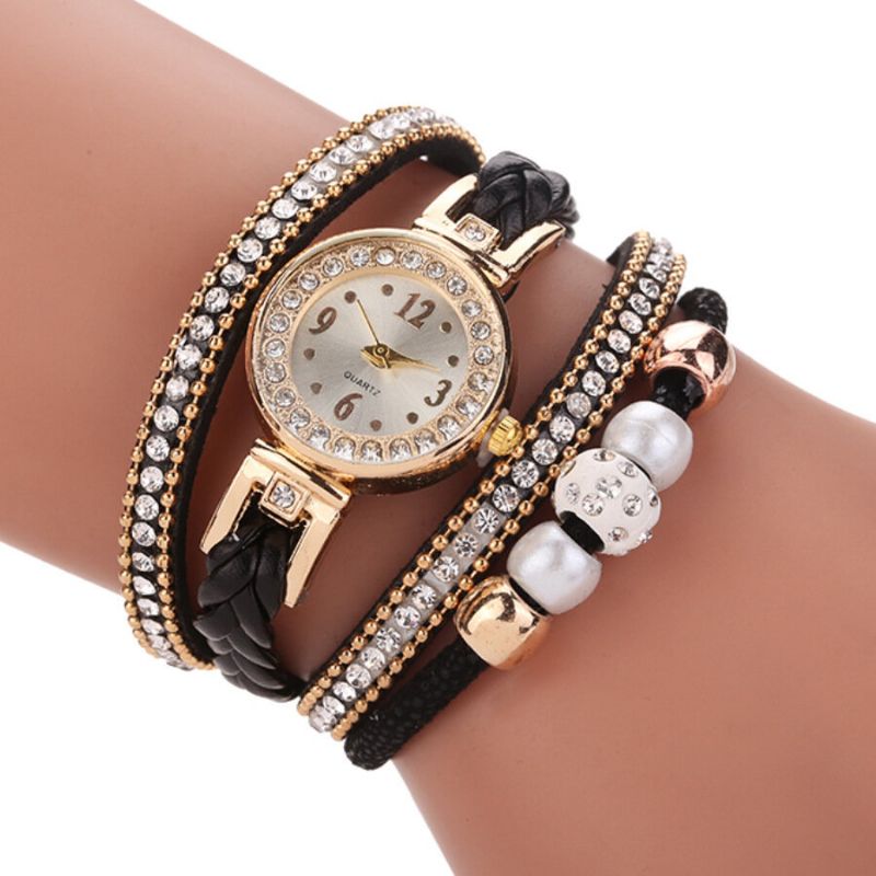 Mode Style Femmes Perle Tressé Alliage Femmes Montre-bracelet Laides Robe Quartz Montre Bracelet