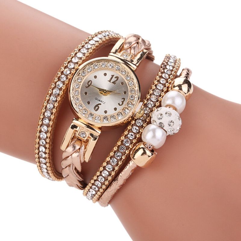 Mode Style Femmes Perle Tressé Alliage Femmes Montre-bracelet Laides Robe Quartz Montre Bracelet