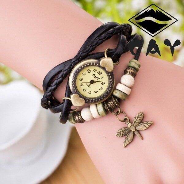 Mode Vintage Multicouche Libellule Pendentif Perlé Bracelet Montre À Quartz Montre-bracelet